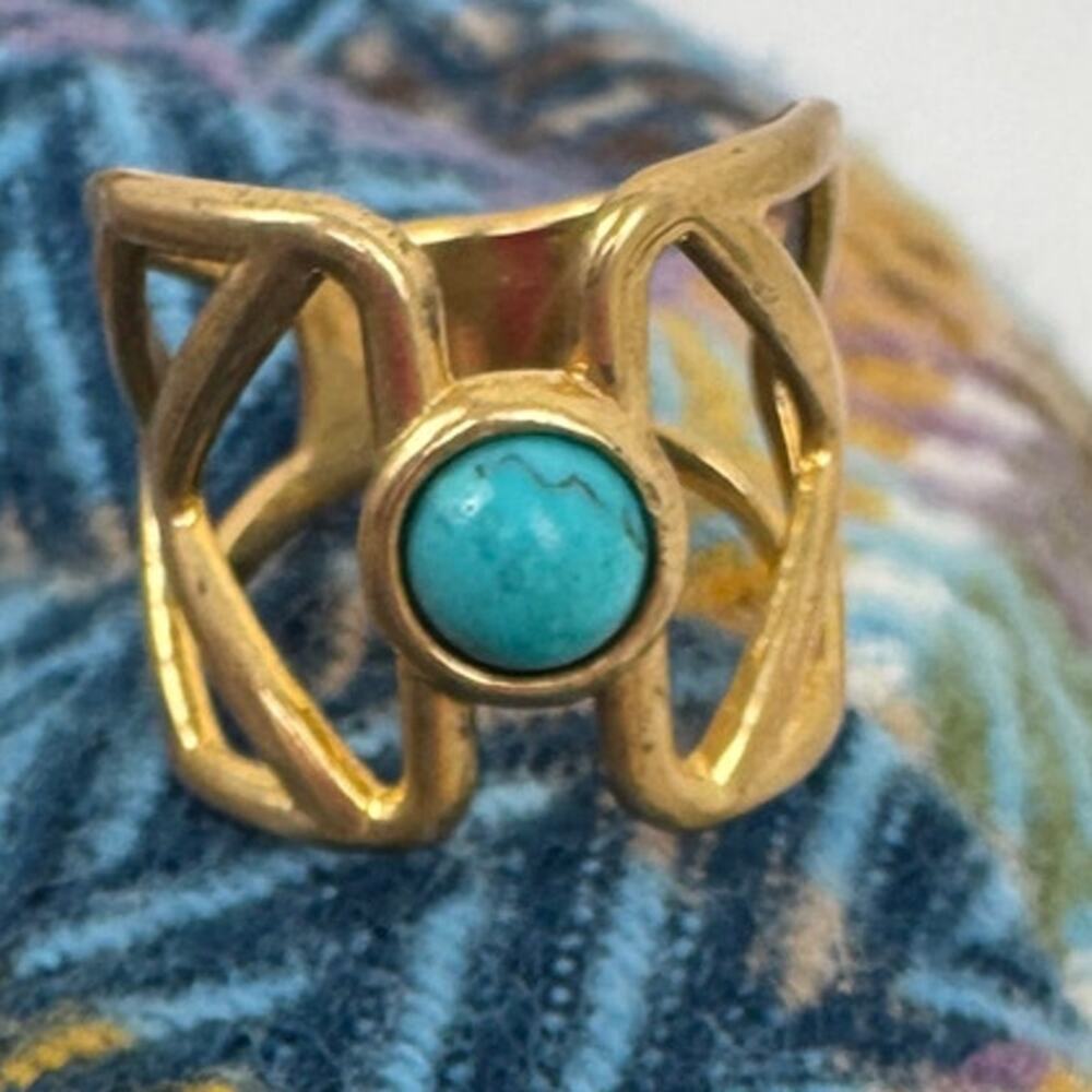 Pierre Lang Gold Tone Turquoise Cabochon Statement Ring Vintage Approx. Size 7